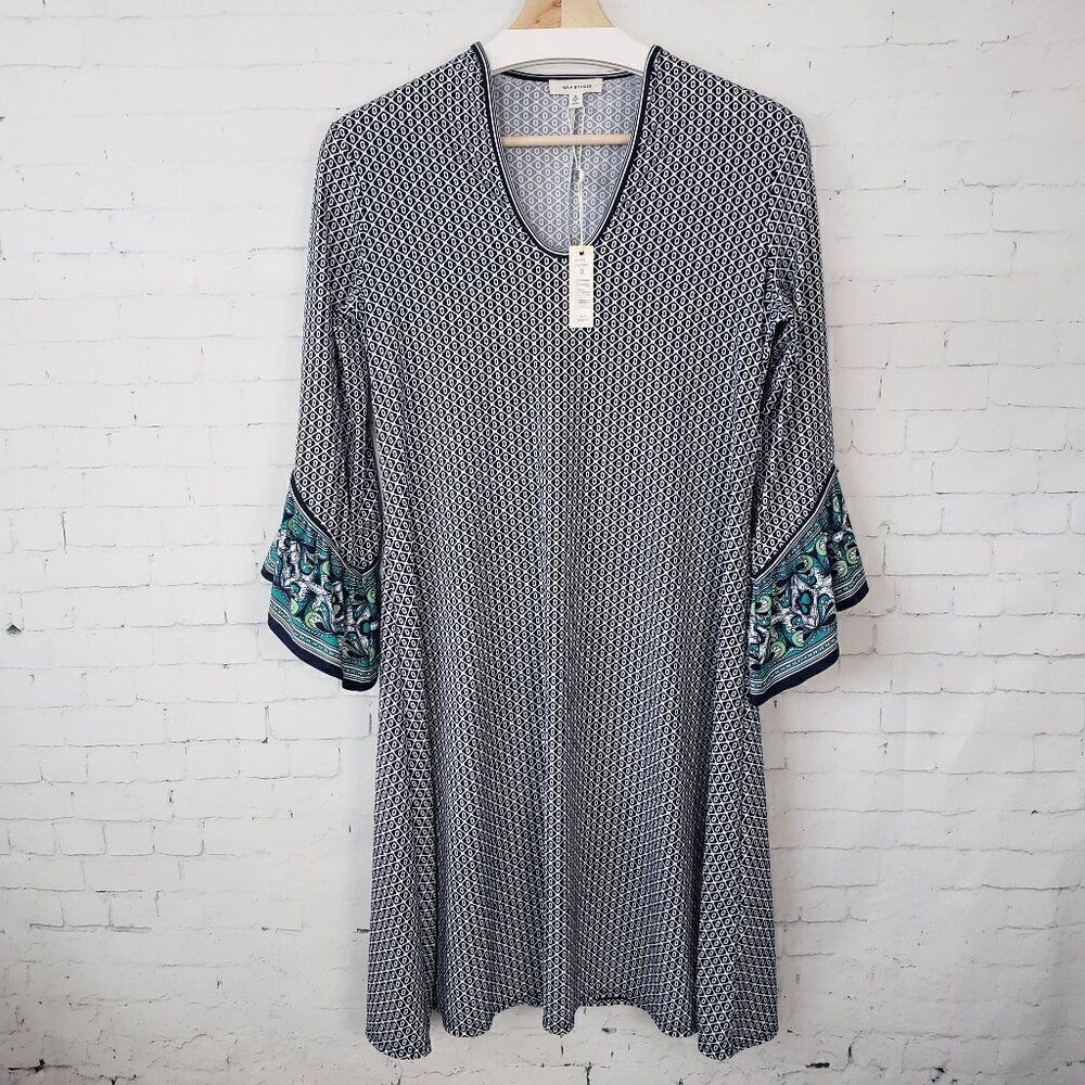 Max Studio Jersey Knit Dress Size S Navy Blue Print Bell 3/4 Sleeves Stretch